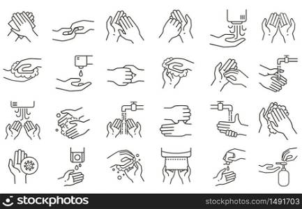 Hand washing and disinfection icons. Hands sanitizer, rub with soap and germs protection. Clean hands icon bathroom vector illustration set. Wash and prevention infection, disinfectant and cleanser. Hand washing and disinfection icons. Hands sanitizer, rub with soap and germs protection. Clean hands line icon for bathroom vector illustration set