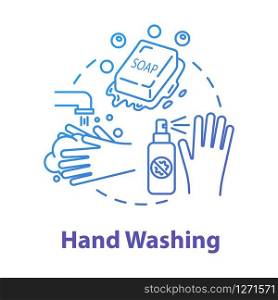 Hand washing concept icon. Liquid foam for sanitary and safety. Rinsing with water. Cleaning with soap. Hygiene idea thin line illustration. Vector isolated outline RGB color drawing