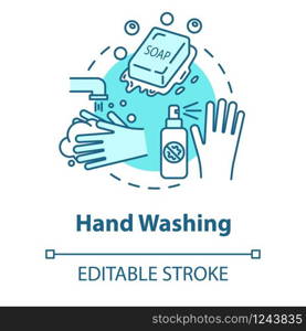 Hand washing concept icon. Protection from virus. Rinsing with water. Cleaning with soap. Hygiene idea thin line illustration. Vector isolated outline RGB color drawing. Editable stroke