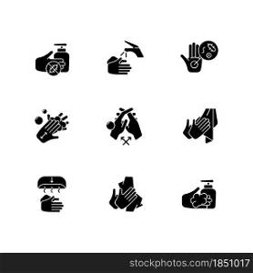 Hand washing steps black glyph icons set on white space. Removing germs from hands. Applying soap and disinfectant. Reducing common infection risk. Silhouette symbols. Vector isolated illustration. Hand washing steps black glyph icons set on white space