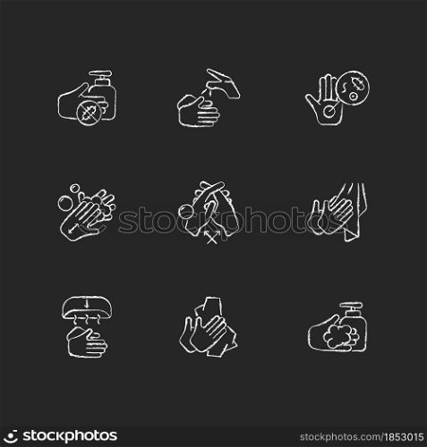 Hand washing steps chalk white icons set on dark background. Removing germs from hands. Applying soap, disinfectant. Reducing common infection risk. Isolated vector chalkboard illustrations on black. Hand washing steps chalk white icons set on dark background