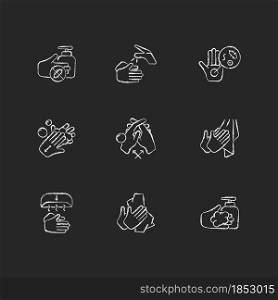 Hand washing steps chalk white icons set on dark background. Removing germs from hands. Applying soap, disinfectant. Reducing common infection risk. Isolated vector chalkboard illustrations on black. Hand washing steps chalk white icons set on dark background