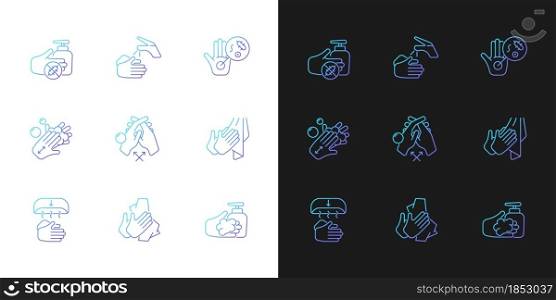 Hand washing steps gradient icons set for dark and light mode. Removing germs from hands. Thin line contour symbols bundle. Isolated vector outline illustrations collection on black and white. Hand washing steps gradient icons set for dark and light mode