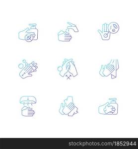 Hand washing steps gradient linear vector icons set. Removing germs from hands. Applying soap and disinfectant. Thin line contour symbols bundle. Isolated outline illustrations collection. Hand washing steps gradient linear vector icons set