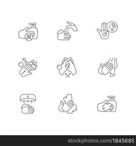 Hand washing steps linear icons set. Removing germs from hands. Applying soap, disinfectant. Customizable thin line contour symbols. Isolated vector outline illustrations. Editable stroke. Hand washing steps linear icons set