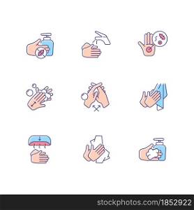 Hand washing steps RGB color icons set. Removing germs from hands. Applying soap and disinfectant. Reducing common infection risk. Isolated vector illustrations. Simple filled line drawings collection. Hand washing steps RGB color icons set
