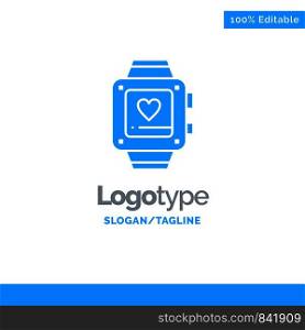 Hand watch, Love, Heart, Wedding Blue Solid Logo Template. Place for Tagline
