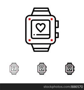 Hand watch, Love, Heart, Wedding Bold and thin black line icon set
