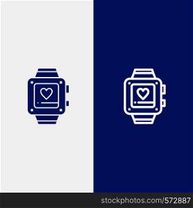 Hand watch, Love, Heart, Wedding Line and Glyph Solid icon Blue banner Line and Glyph Solid icon Blue banner