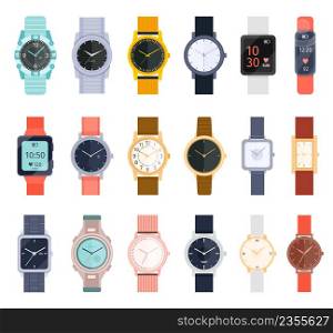 Hand watch with bracelet. Modern and classic accessory for men and women. Luxury mechanical and smart wrist watches with various clock faces. Colorful dials with silver and gold frames. Hand watch with bracelet. Modern and classic accessory for men and women. Luxury mechanical and smart wrist watches
