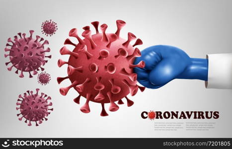 Hand wearing a blue boxing glove fighting with COVID-19 virus. Fight coronavirus concept. Vector illustration.