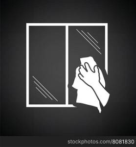 Hand wiping window icon. Black background with white. Vector illustration.