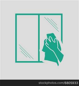 Hand wiping window icon. Gray background with green. Vector illustration.
