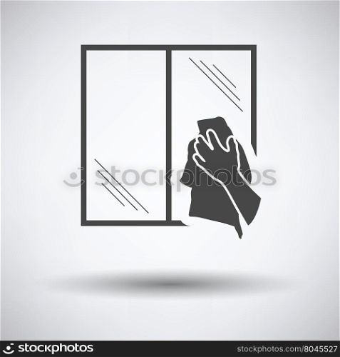 Hand wiping window icon on gray background, round shadow. Vector illustration.