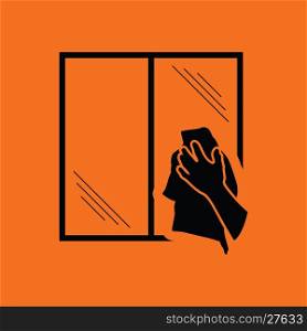 Hand wiping window icon. Orange background with black. Vector illustration.