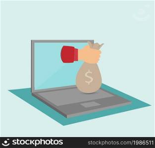 hand with a bag of money sticks out of the laptop screen. Payment for freelancing or remote work. Flat design.