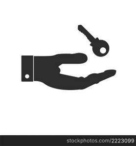 Hand with a key silhouette icon. Getting the keys to the apartment, issuing a mortgage, buying a car. Flat vector illustration isolated on white background.. Hand with a key icon. Flat vector illustration isolated on white