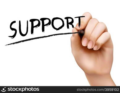 Hand with a marker writing Support. Vector.