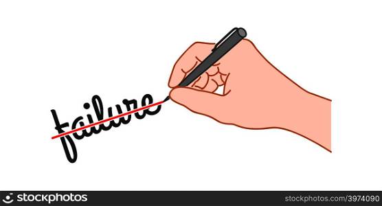 "Hand with a pen crossed out the word "failure". Hand drawn style illustration"