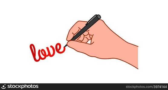 "Hand with a pen writing word "love". Hand drawn style illustration"