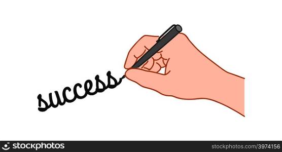"Hand with a pen writing word "success". Hand drawn style illustration"