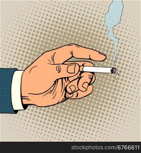 Hand with a smoking cigarette pop art retro style. Hand with a smoking cigarette