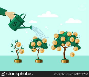 Hand with a watering can watering the money tree. The concept of financial growth. Deposit. Vector illustration. Objects are isolated.