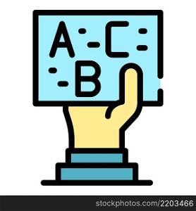 Hand with abc card icon. Outline hand with abc card vector icon color flat isolated. Hand with abc card icon color outline vector