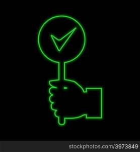 Hand with approve sign. Success concept neon sign. Bright glowing symbol on a black background. Neon style icon.