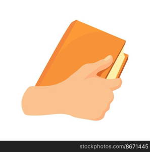 Hand with book. People hands holding notebook of education for learning knowledge, flat icon cartoon vector illustration isolated on white background. Hand with book. People hands holding notebook of education for learning knowledge, flat icon cartoon vector illustration