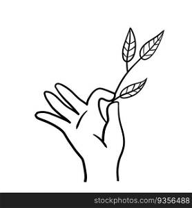 Hand with branch with leaves. Concept of freshness and naturalness. Doodle sketch illustration. Fresh Plant in palm. Hand with branch with leaves. Fresh Plant in palm.