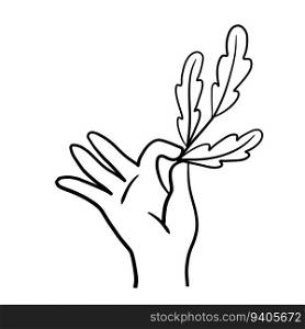 Hand with branch with leaves. Fresh Plant in palm. Doodle sketch illustration. Concept of freshness and naturalness. Hand with branch with leaves. Fresh Plant in palm.