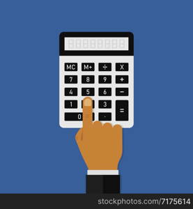 Hand with calculator clicking button on blue background. Finance concept. Trendy flat design. EPS 10. Hand with calculator clicking button on blue background. Finance concept. Trendy flat design.
