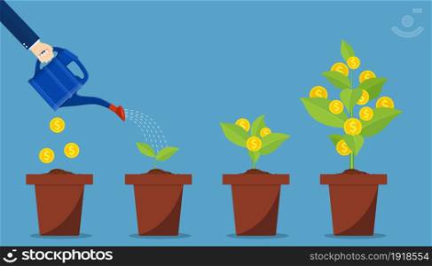 Hand with can watering money tree. Financial growth concept. Vector illustration in flat style. Hand with can watering money tree.