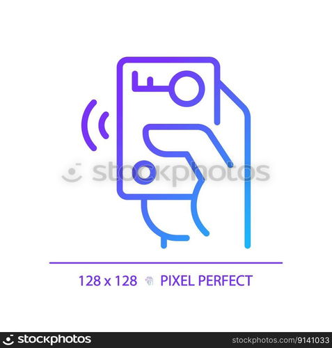 Hand with car remote starter pixel perfect gradient linear vector icon. Wireless automobile key. Digital card. Thin line color symbol. Modern style pictogram. Vector isolated outline drawing. Hand with car remote starter pixel perfect gradient linear vector icon