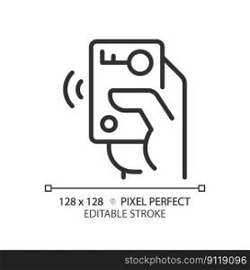 Hand with car remote starter pixel perfect linear icon. Wireless automobile key. Digital card. Innovative technology. Thin line illustration. Contour symbol. Vector outline drawing. Editable stroke. Hand with car remote starter pixel perfect linear icon