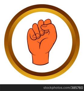 Hand with clenched fist vector icon in golden circle, cartoon style isolated on white background. Hand with clenched fist vector icon, cartoon style