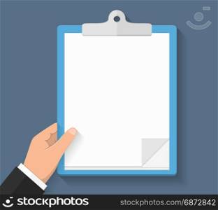Hand with clipboard, flat design, vector eps10 illustration. Hand with Clipboard