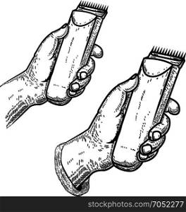 Hand with clipper.Design element for barber shop emblem, sign, poster, card,banner. Vector illustration