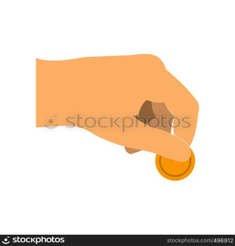 Hand with coin flat icon isolated on white background. Hand with coin flat icon