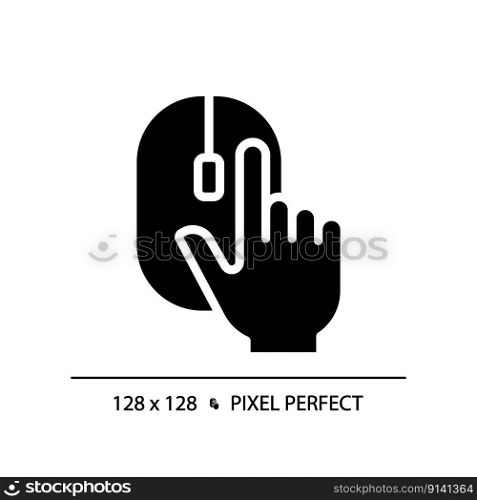 Hand with computer mouse pixel perfect black glyph icon. Computer controller device. User clicking PC accessory. Silhouette symbol on white space. Solid pictogram. Vector isolated illustration. Hand with computer mouse pixel perfect black glyph icon