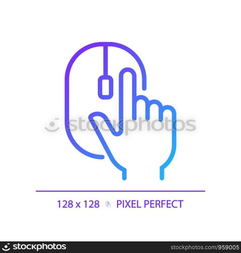 Hand with computer mouse pixel perfect gradient linear vector icon. Computer controller device. Clicking PC accessory. Thin line color symbol. Modern style pictogram. Vector isolated outline drawing. Hand with computer mouse pixel perfect gradient linear vector icon