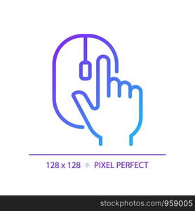 Hand with computer mouse pixel perfect gradient linear vector icon. Computer controller device. Clicking PC accessory. Thin line color symbol. Modern style pictogram. Vector isolated outline drawing. Hand with computer mouse pixel perfect gradient linear vector icon