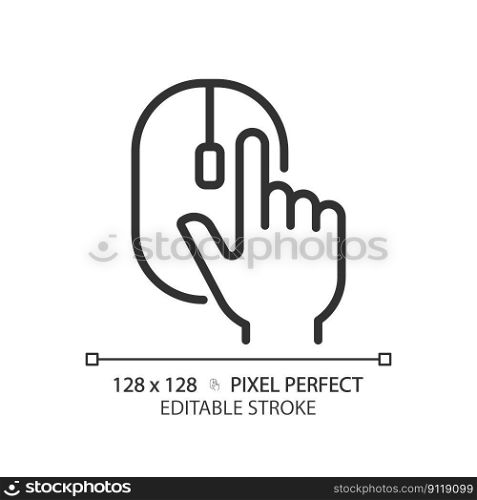 Hand with computer mouse pixel perfect linear icon. Computer controller device. User clicking PC accessory. Thin line illustration. Contour symbol. Vector outline drawing. Editable stroke. Hand with computer mouse pixel perfect linear icon