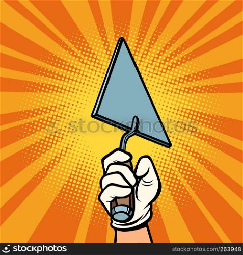 hand with construction trowel. Comic cartoon pop art retro vector illustration drawing. hand with construction trowel