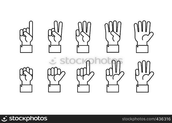 Hand with counting fingers vector line symbols. Human hand and finger gesture symbol illustartion. Hand with counting fingers vector line symbols