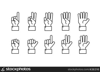 Hand with counting fingers vector line symbols. Human hand and finger gesture symbol illustartion. Hand with counting fingers vector line symbols