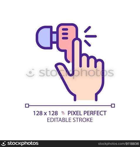 Hand with earphone pixel perfect RGB color icon. Finger tapping key on audio device. Wireless gadget for music listening. Isolated vector illustration. Simple filled line drawing. Editable stroke. Hand with earphone pixel perfect RGB color icon