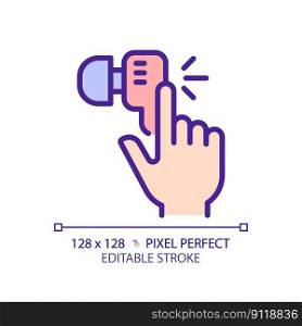 Hand with earphone pixel perfect RGB color icon. Finger tapping key on audio device. Wireless gadget for music listening. Isolated vector illustration. Simple filled line drawing. Editable stroke. Hand with earphone pixel perfect RGB color icon