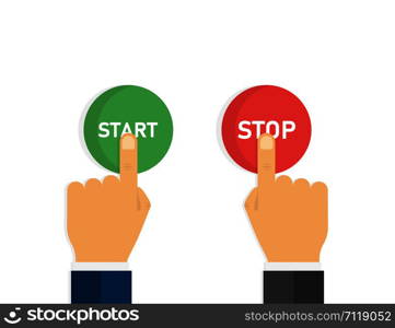 Hand with finger press start stop green and red button. Click icon vector. Press button icon vector. Electric power icon. EPS 10. Hand with finger press start stop green and red button. Click icon vector. Press button icon vector. Electric power icon.